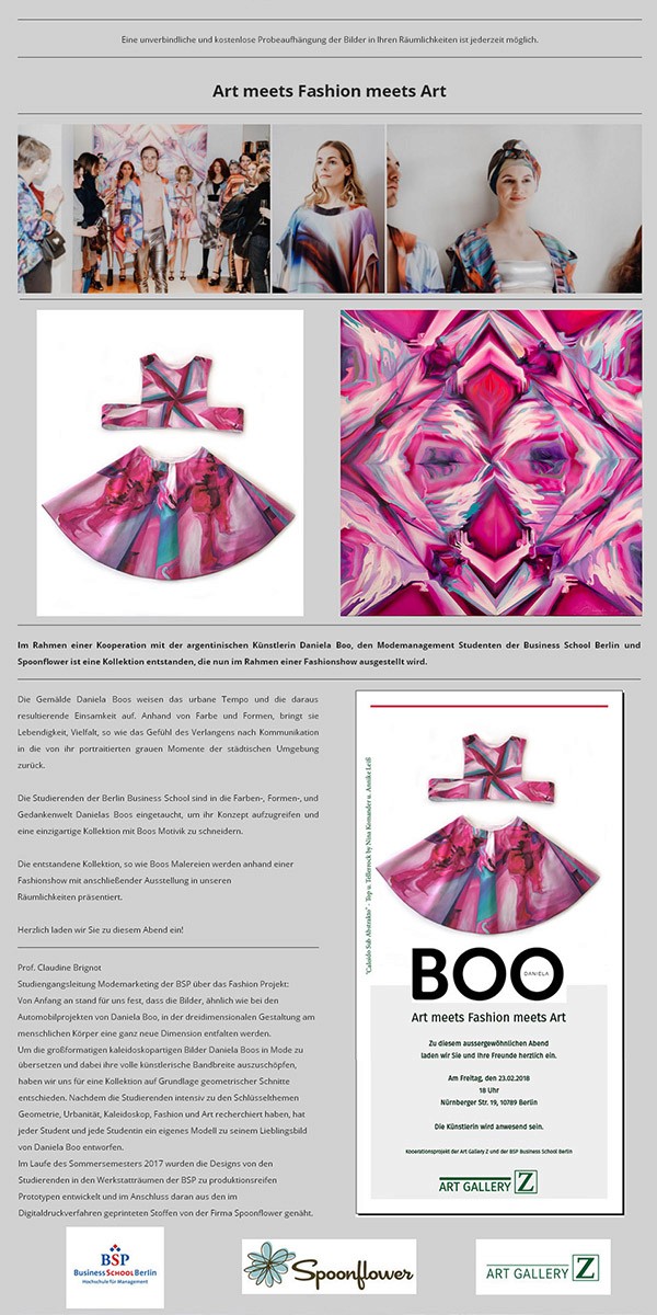 En una cooperación entre la artista argentina Daniela Boo, los alumnos de Management de Moda de Business School Berlin (BSB) y Spoonflower ha surgido una colección de moda. 