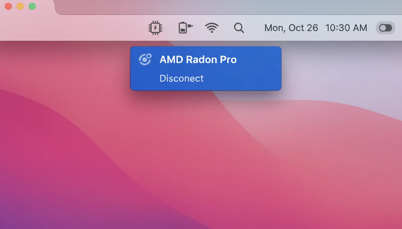 A clean, close-up screenshot of the top-right corner of a Macbook screen, showcasing the modern macOS UI in light mode. The semi-transparent menu bar displays a series of status icons: an eGPU chip icon, a battery charging icon, Wi-Fi, search, and control center, followed by a placeholder date and time. A dropdown menu with a vibrant blue background and white placeholder text is open below the eGPU icon, clearly showing the option to disconnect an "AMD Radeon Pro" device. The background is a soft, out-of-focus abstract wallpaper with pink and magenta gradients.