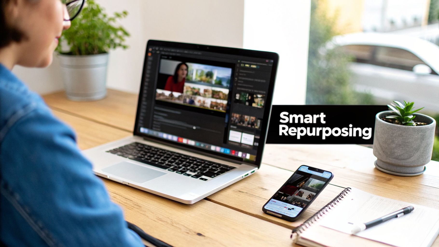 Person editing videos on a laptop with a 'Smart Repurposing' sign, smartphone, and notebook on a wooden desk.