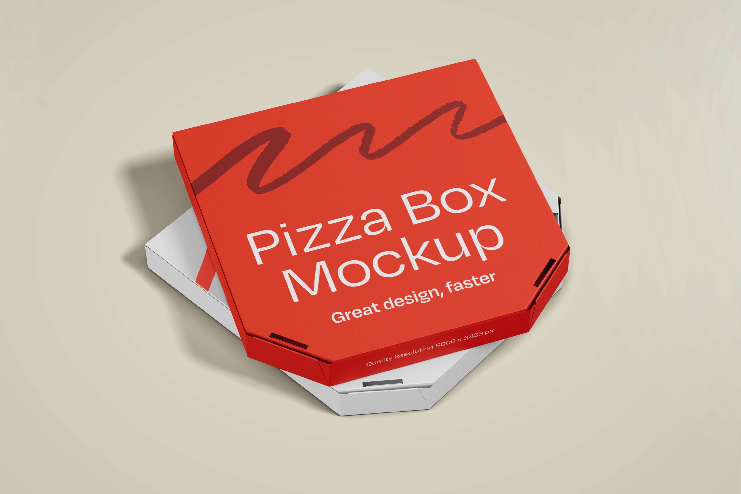 Red pizza box mockup stacked on a white box against a beige background. Like Dislike