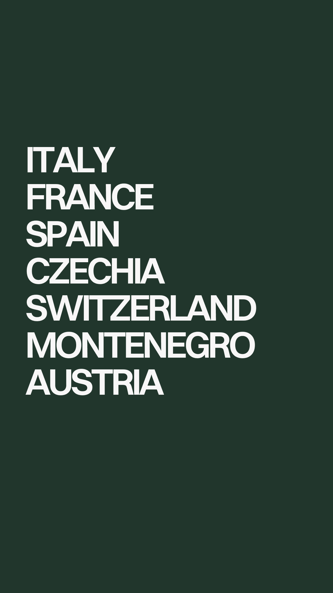 Bold typographic tile listing European destinations — a visual index of the places that shape our work.