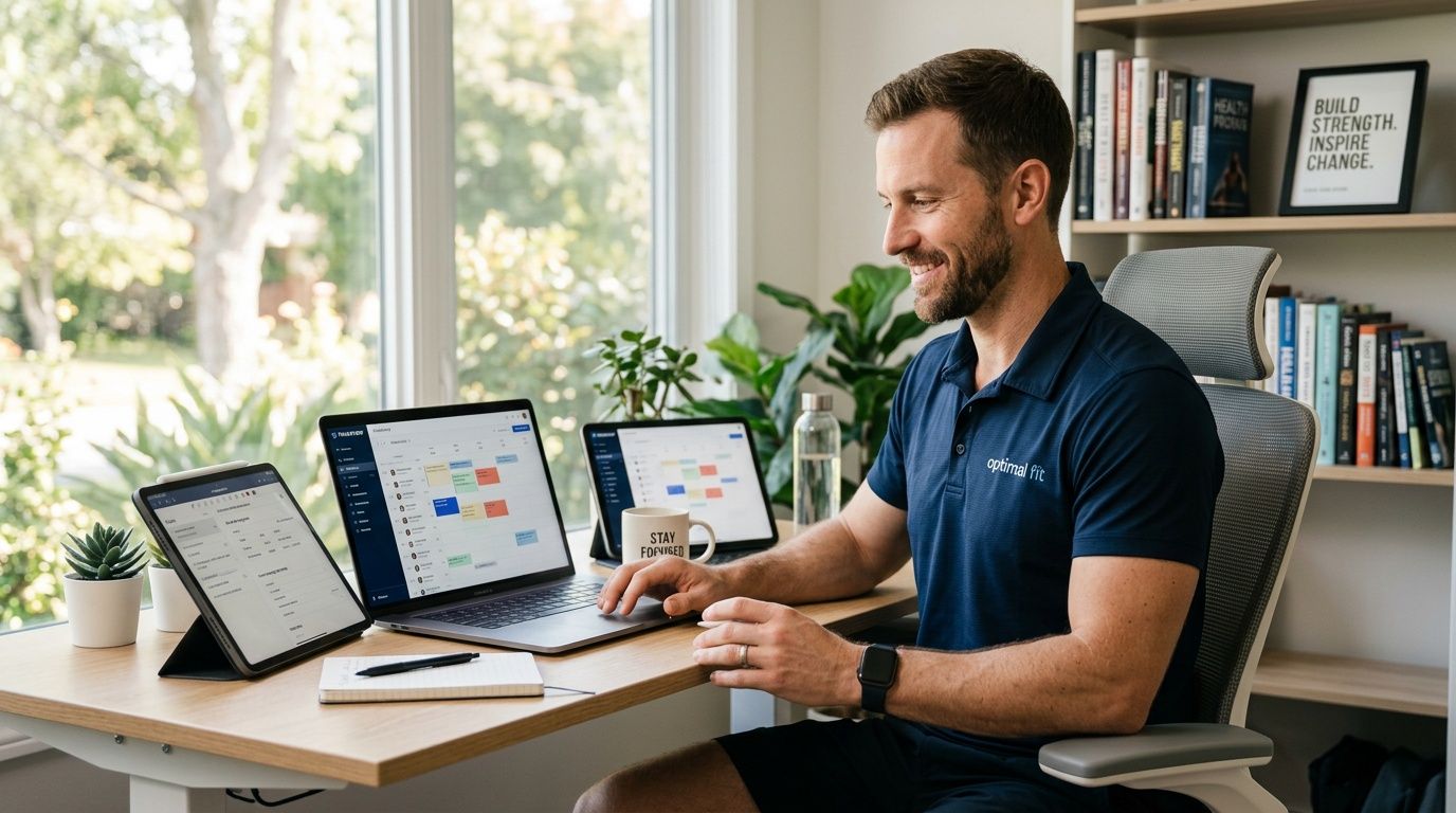 A professional personal trainer working on his laptop and tablets in a bright, modern home office.