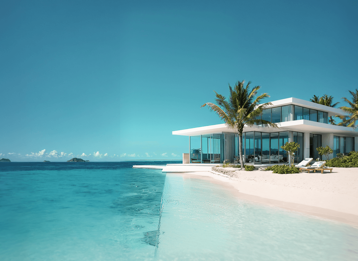 A white house on the beach featuring a swimming pool, surrounded by sand and ocean waves in the background.