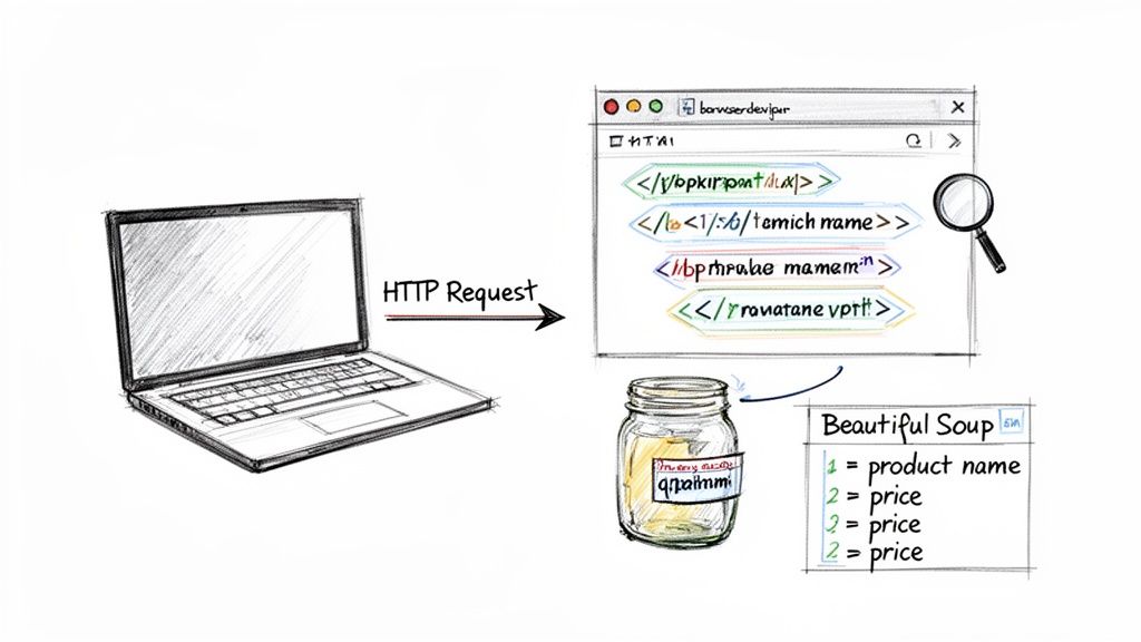 A diagram illustrates a laptop sending an HTTP request, receiving HTML, and using Beautiful Soup for data extraction.
