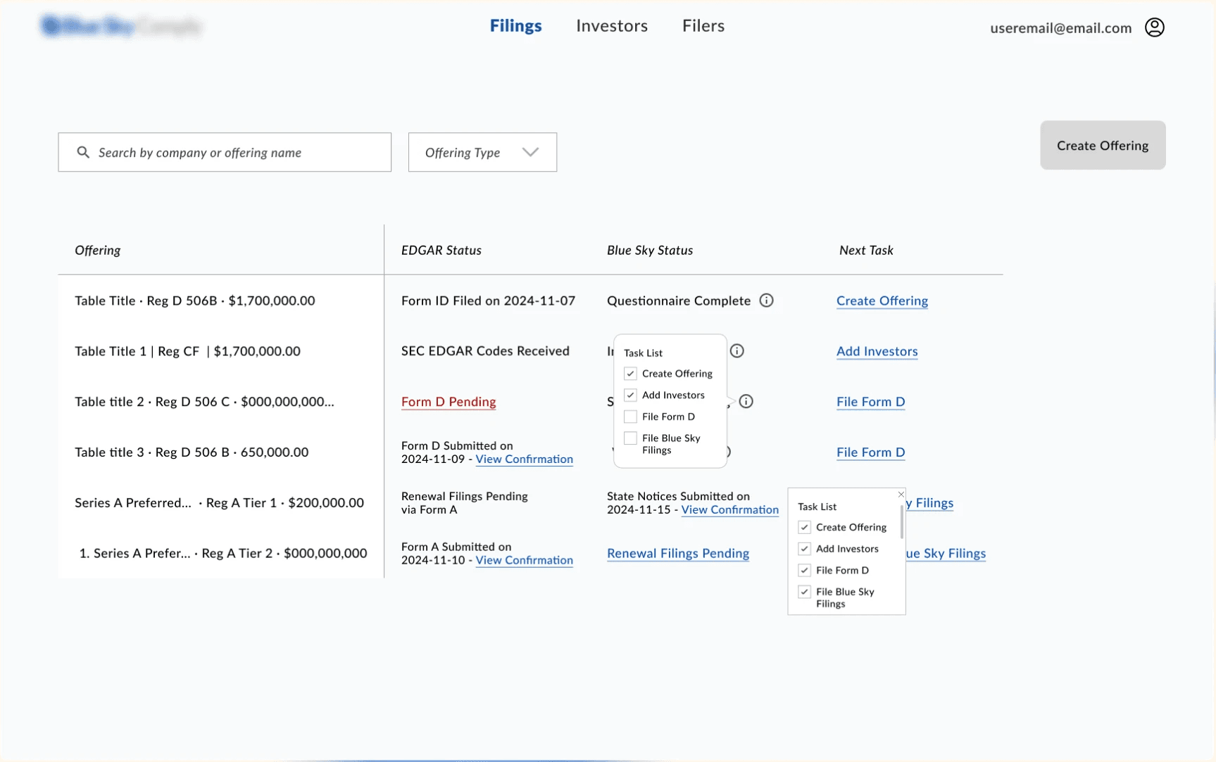 Redesigned Blue Sky Comply dashboard after SEC Form D submission, showing multiple offerings with statuses like “Form D Pending,” “Codes Received,” and next filing steps.
