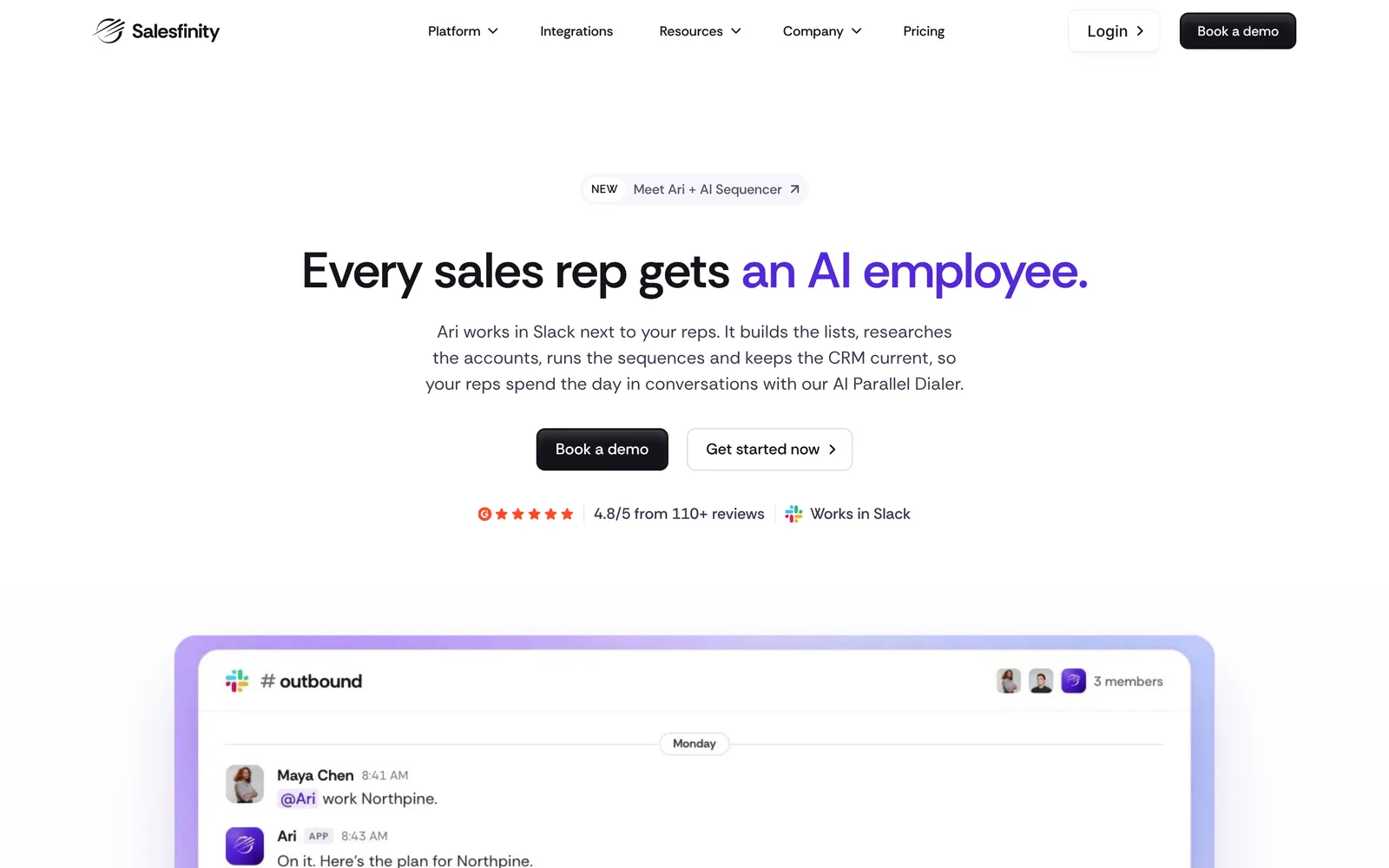 Salesfinity's Ari agent working from a Slack channel