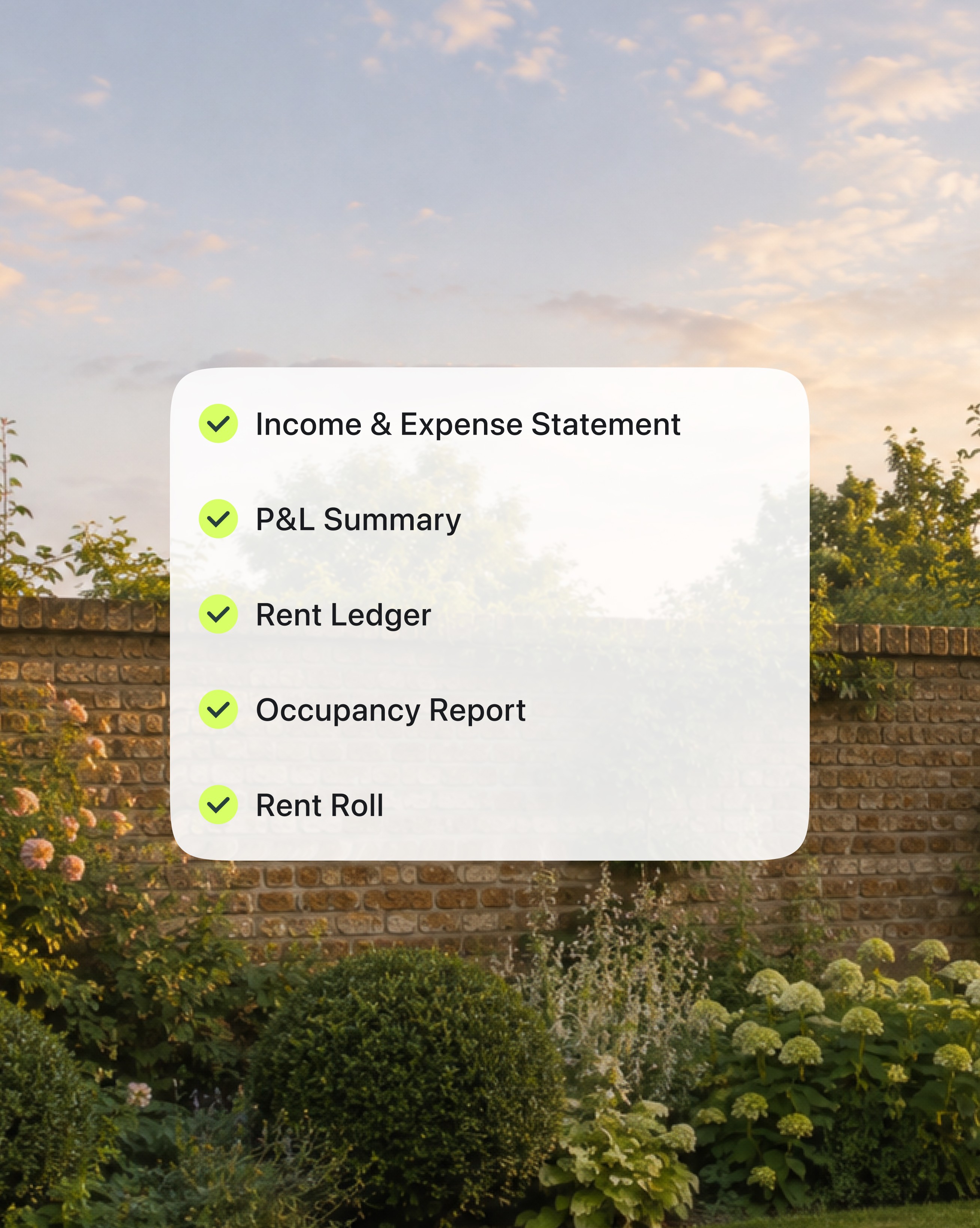 August reports list on mobile showing Income and Expense Statement, P&L Summary, Rent Ledger, Occupancy Report, and Rent Roll with green check marks