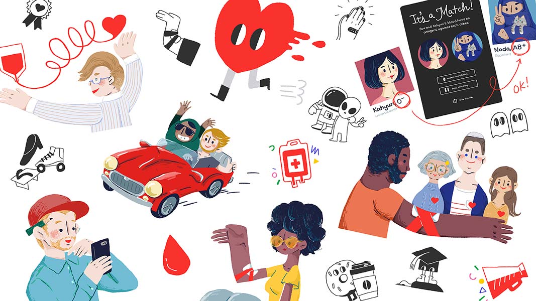 The image is a collage of colorful cartoon-style illustrations on a white background. It features various characters and objects including a red heart with red splatters, a black book titled "It's a Match!", a red car, a man with glasses and a striped shirt waving, a woman with glasses, a man with dark skin and curly hair, a family with a man, a woman, and a child, a woman with dark skin and curly hair, a red cross symbol, a red blood drop, a black phone, a black book, and a speech bubble. The illustrations are arranged in a scattered, overlapping manner across the white background.