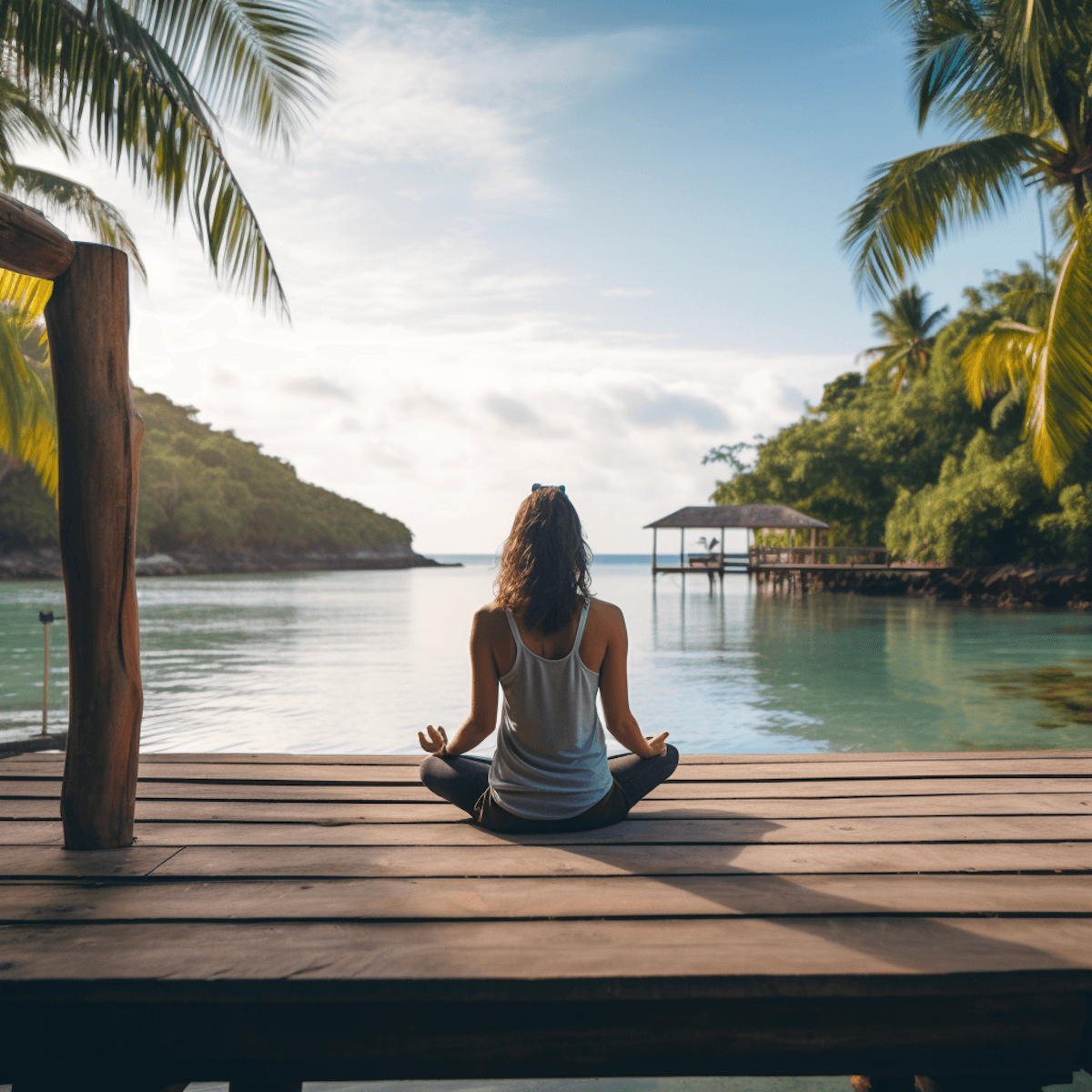 Woman meditating in lotus pose on a wooden dock overlooking a tropical beach with palm trees