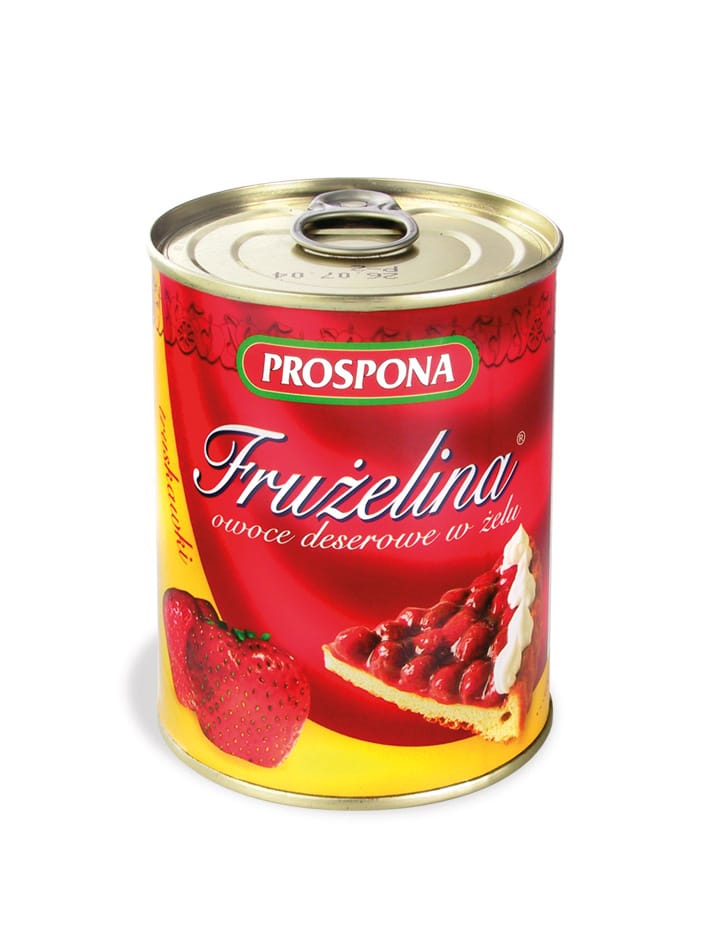 The image displays a vibrant packaging design for a canned dessert featuring a red label with images of strawberries and a pastry topped with fruit, alongside the brand name Prospona and product information.