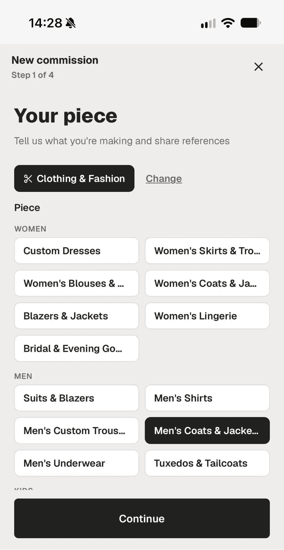 Sewi "New commission" flow, Step 1 of 4: piece selection screen under "Clothing & Fashion," listing women's and men's garment categories with "Men's Coats & Jackets" selected.