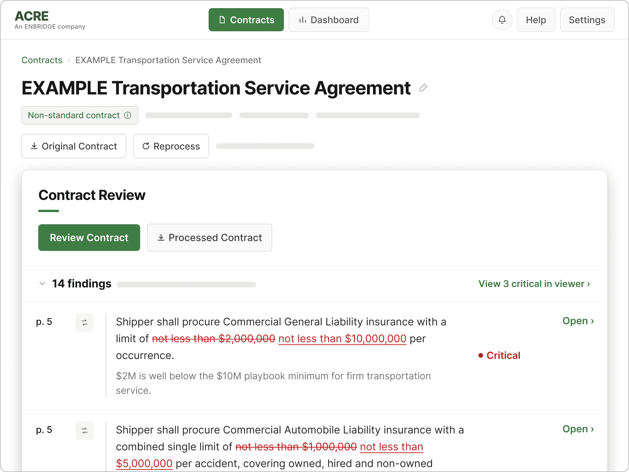 ACRE identifies contract risks, summarizes findings by severity, and provides a processed contract for review.