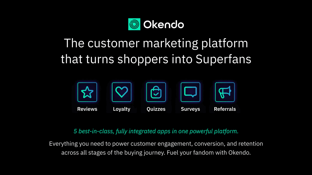 Okendo platform overview on a dark background showing five integrated product features: Reviews, Loyalty, Quizzes, Surveys, and Referrals, with the tagline "The customer marketing platform that turns shoppers into Superfans"