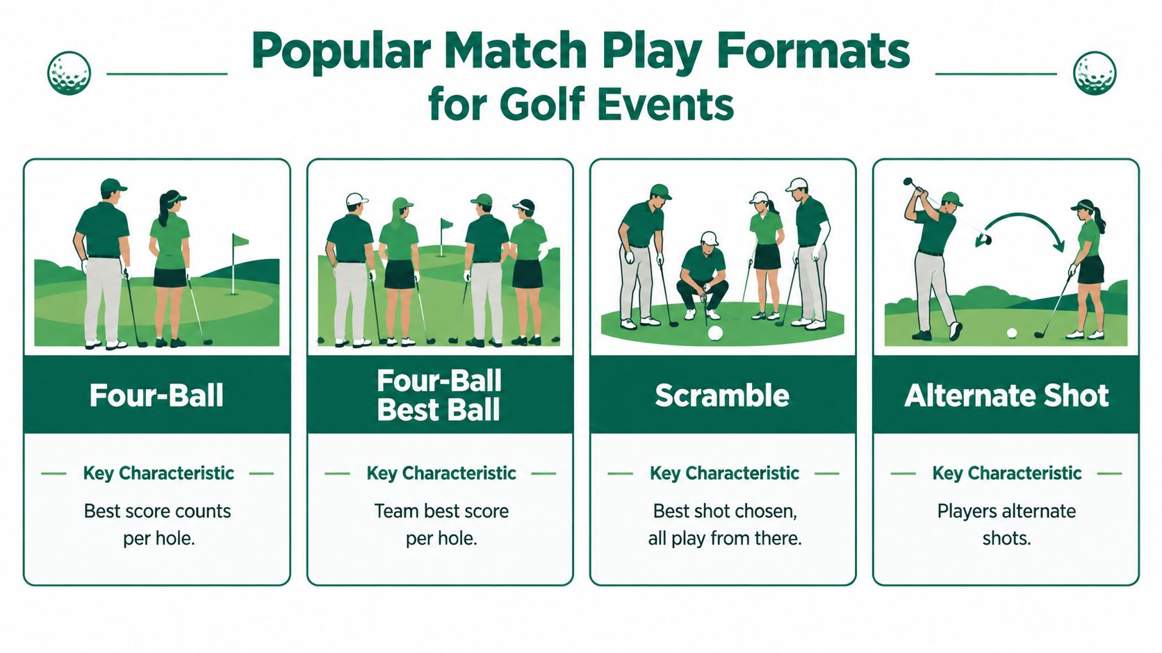 A graphic illustration detailing four popular golf match play formats with descriptions for each game style.