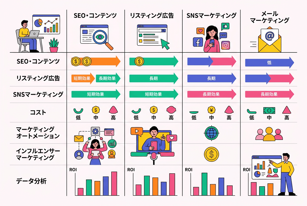 各デジタルマーケティング手法の効果期間、コスト、ROIの比較分析