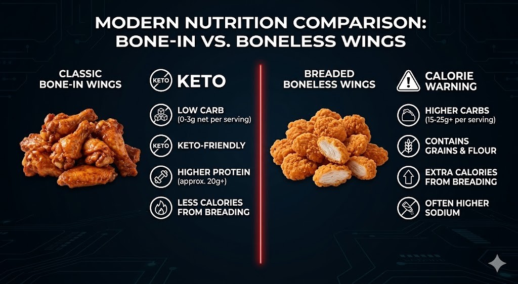 A nutrition infographic comparing classic bone-in keto chicken wings and breaded boneless wings. It highlights the low carb and high protein benefits of keto wings versus the high carbs and extra calories from breading in boneless wings.
