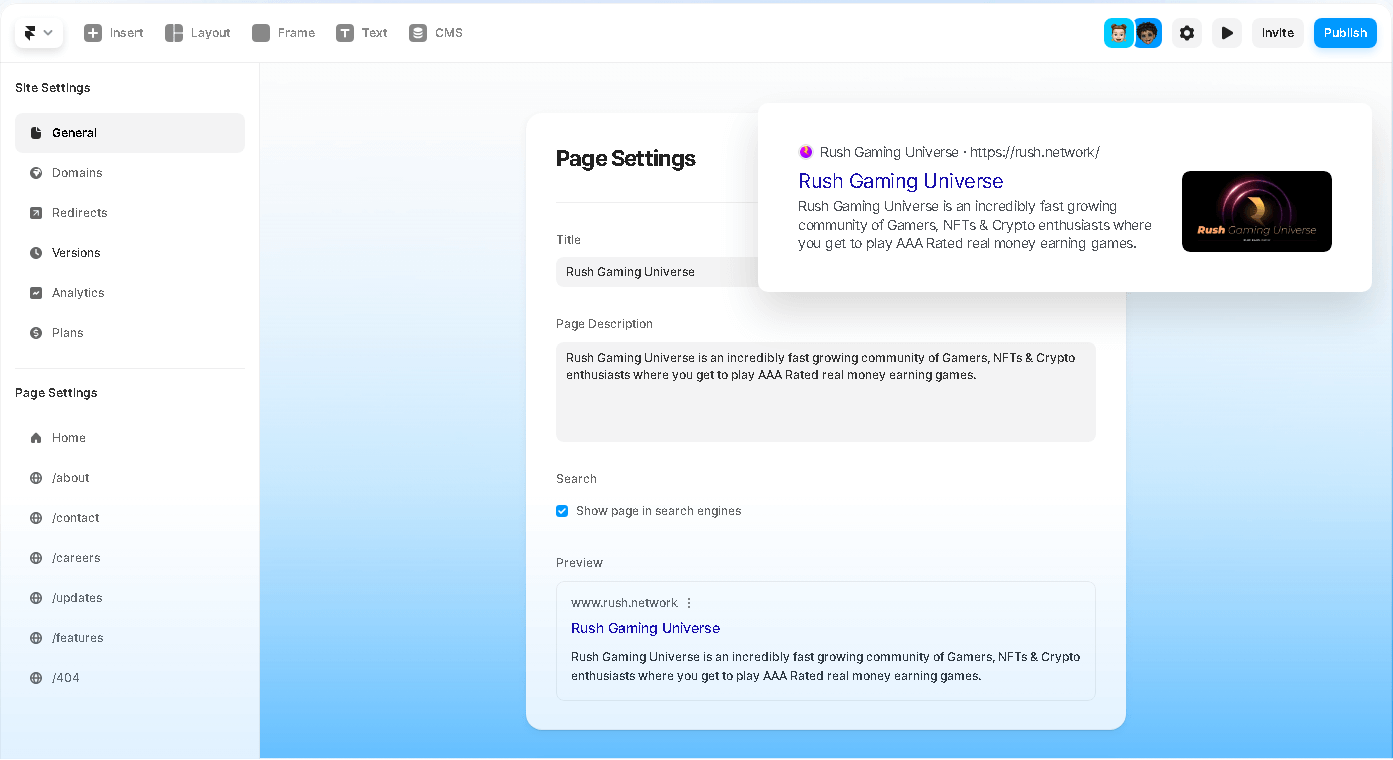 Framer Page Settings