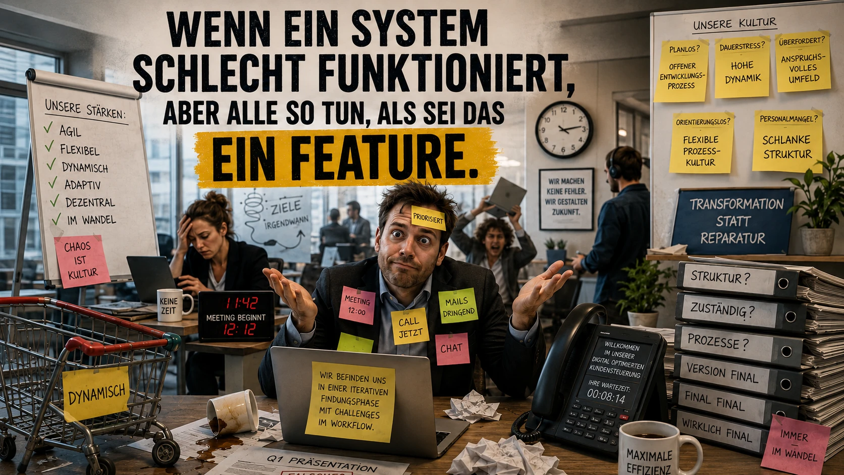 Überforderter Mitarbeiter in einem chaotischen Büro, in dem Probleme mit positiv klingenden Begriffen schöngeredet werden.