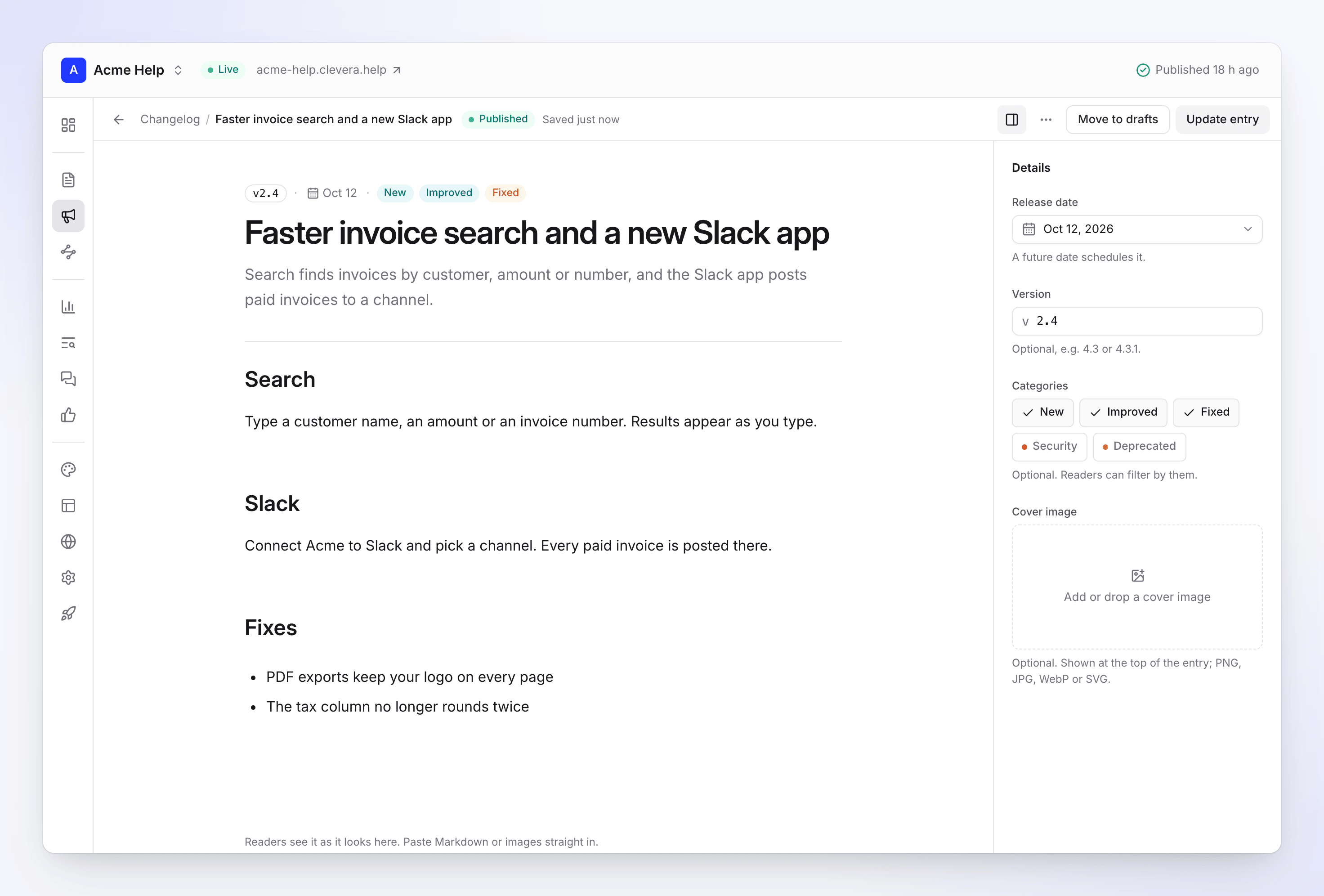 A Clevera doc site changelog entry with version, release date and New, Improved and Fixed categories in the Details panel (example data)