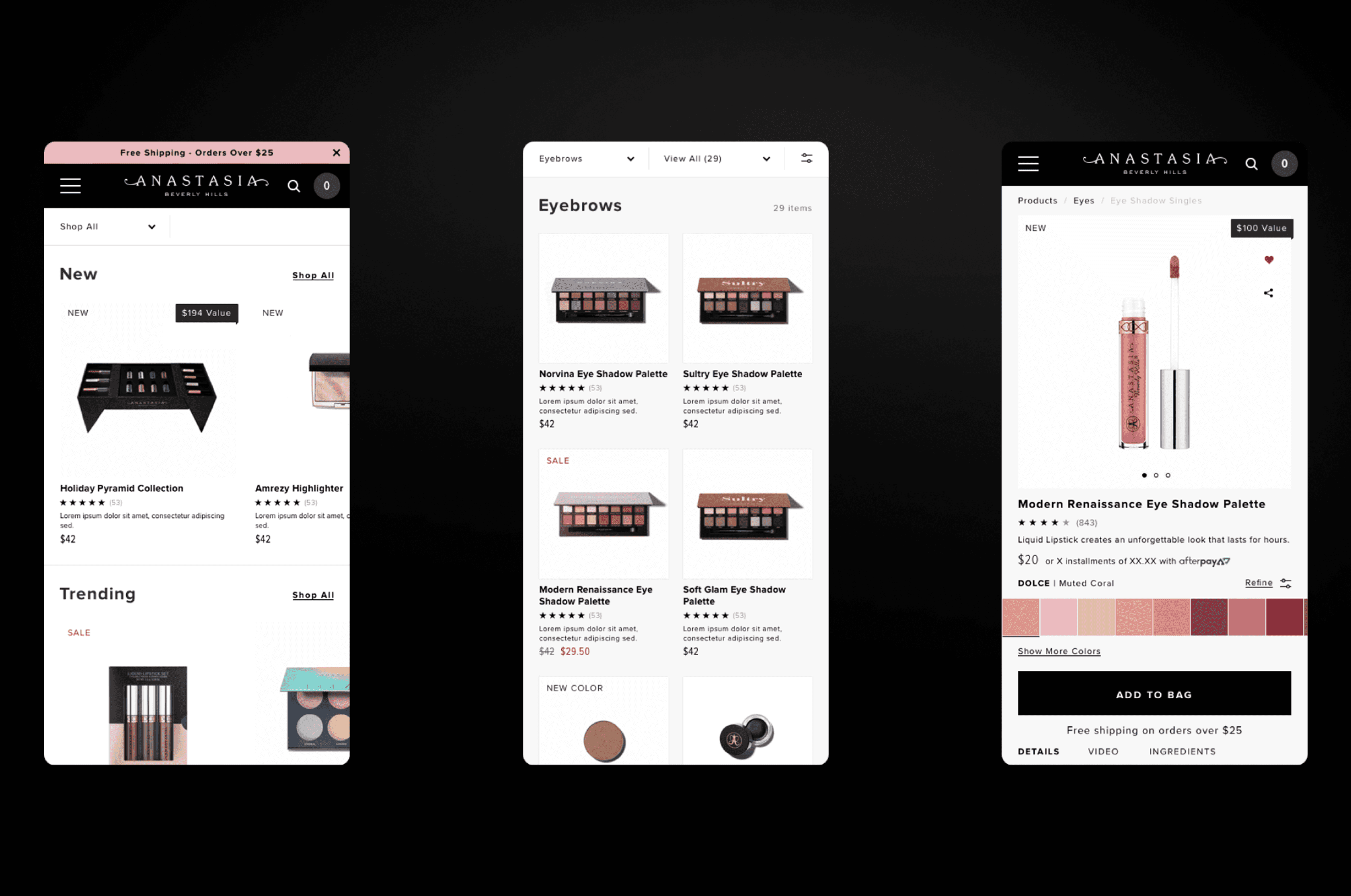 Three Anastasia Beverly Hills mobile screens showing a product listing page, Eyebrows category grid, and Modern Renaissance palette detail page.