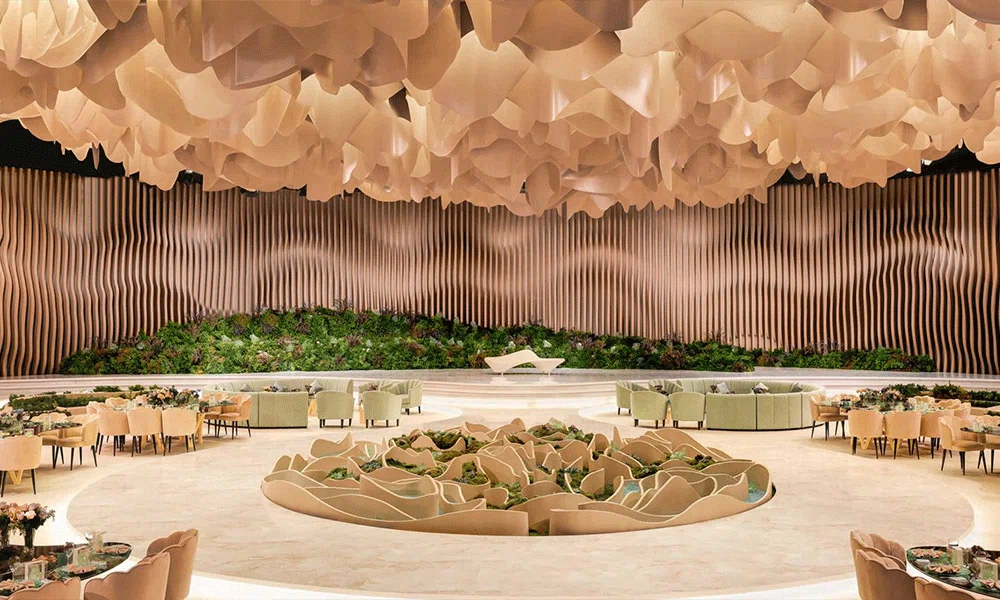 image of wedding event with roof design and flowers and wooden design background and seating arrangement