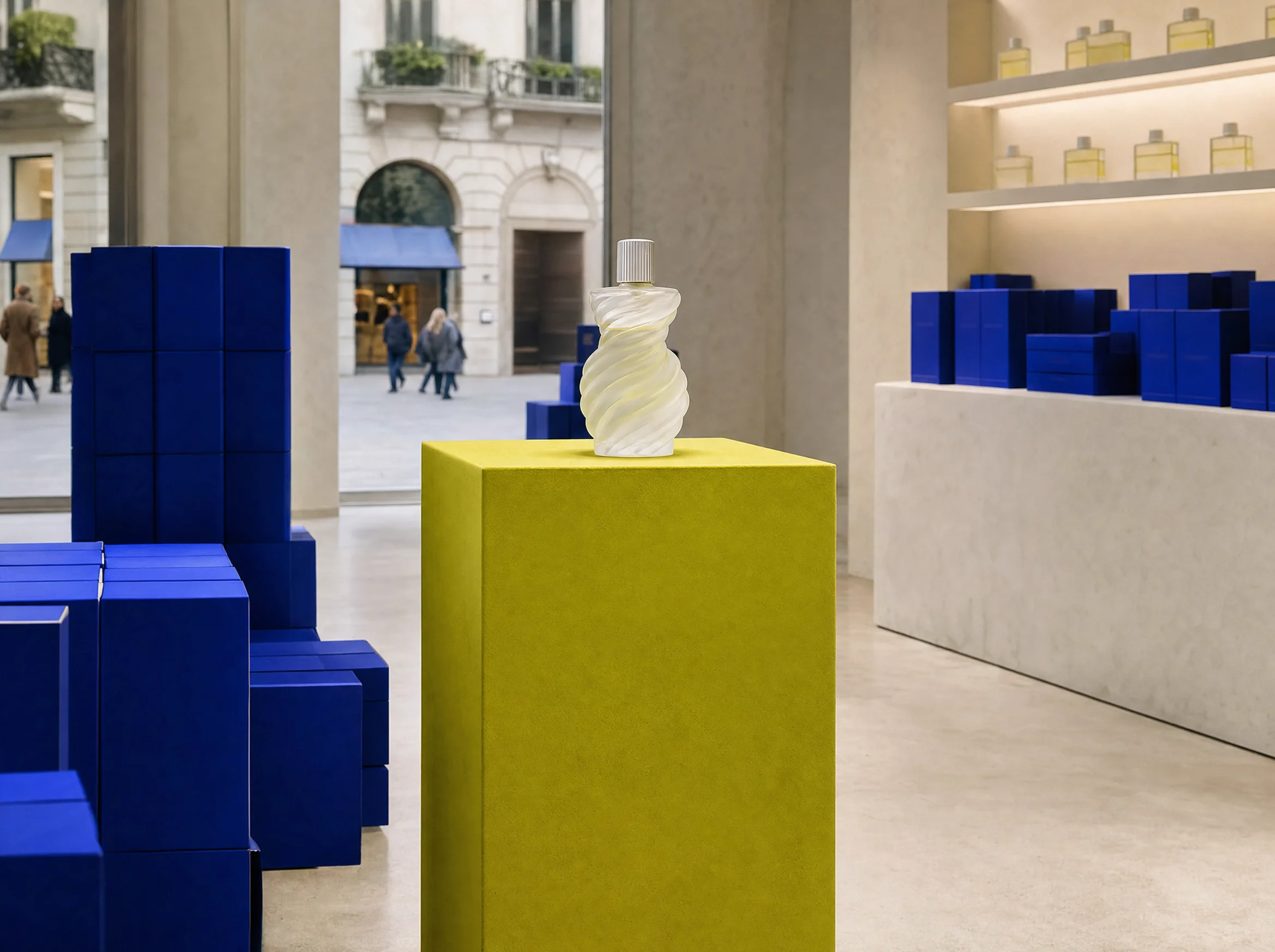 Verre No. 4 pop-up in Milan with the bottle on a lime plinth among cobalt boxes