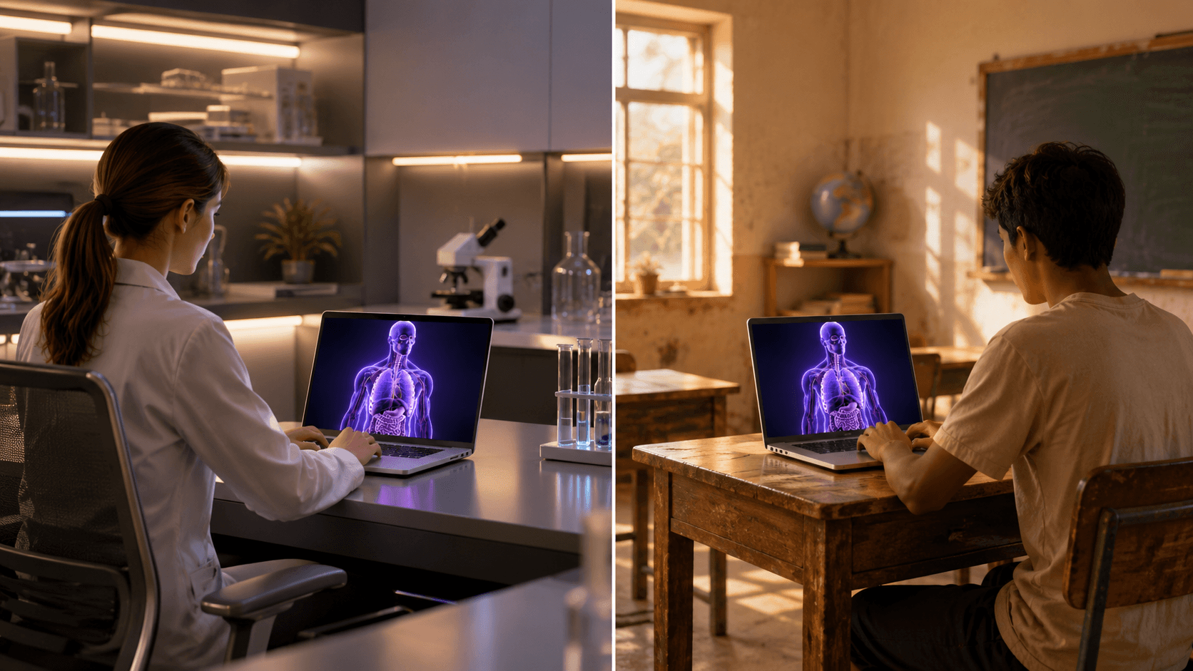 Split scene of a student in a high-end lab and another in a modest classroom viewing the same 3D anatomy on a laptop, showing equal access