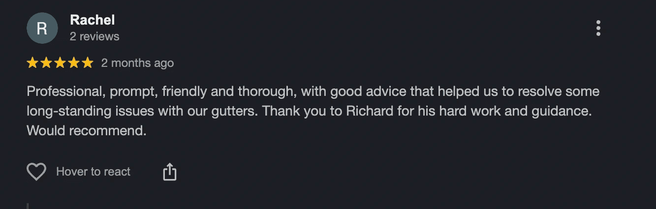 Customer testimonial highlighting professional and thorough service