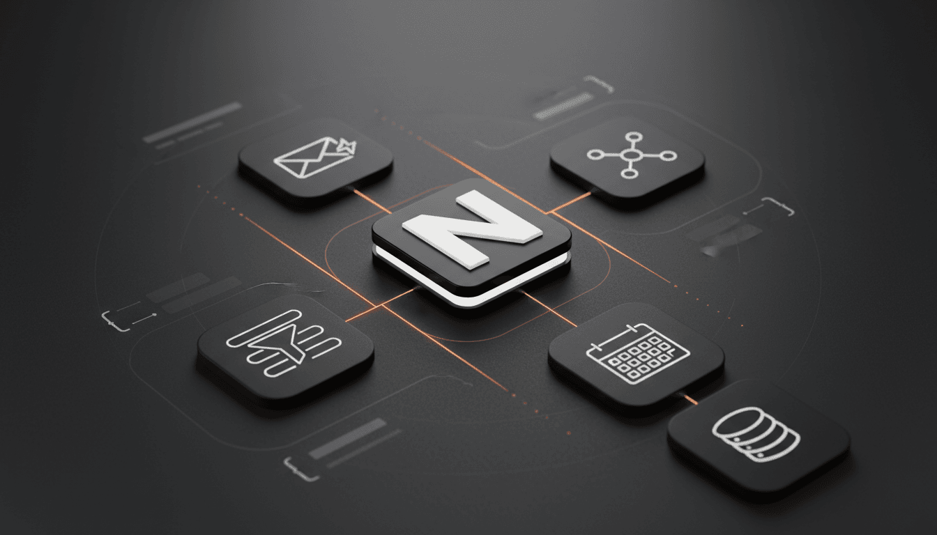 3D-rendered illustration of a digital platform with email, network, calendar, database, and business process icons.
