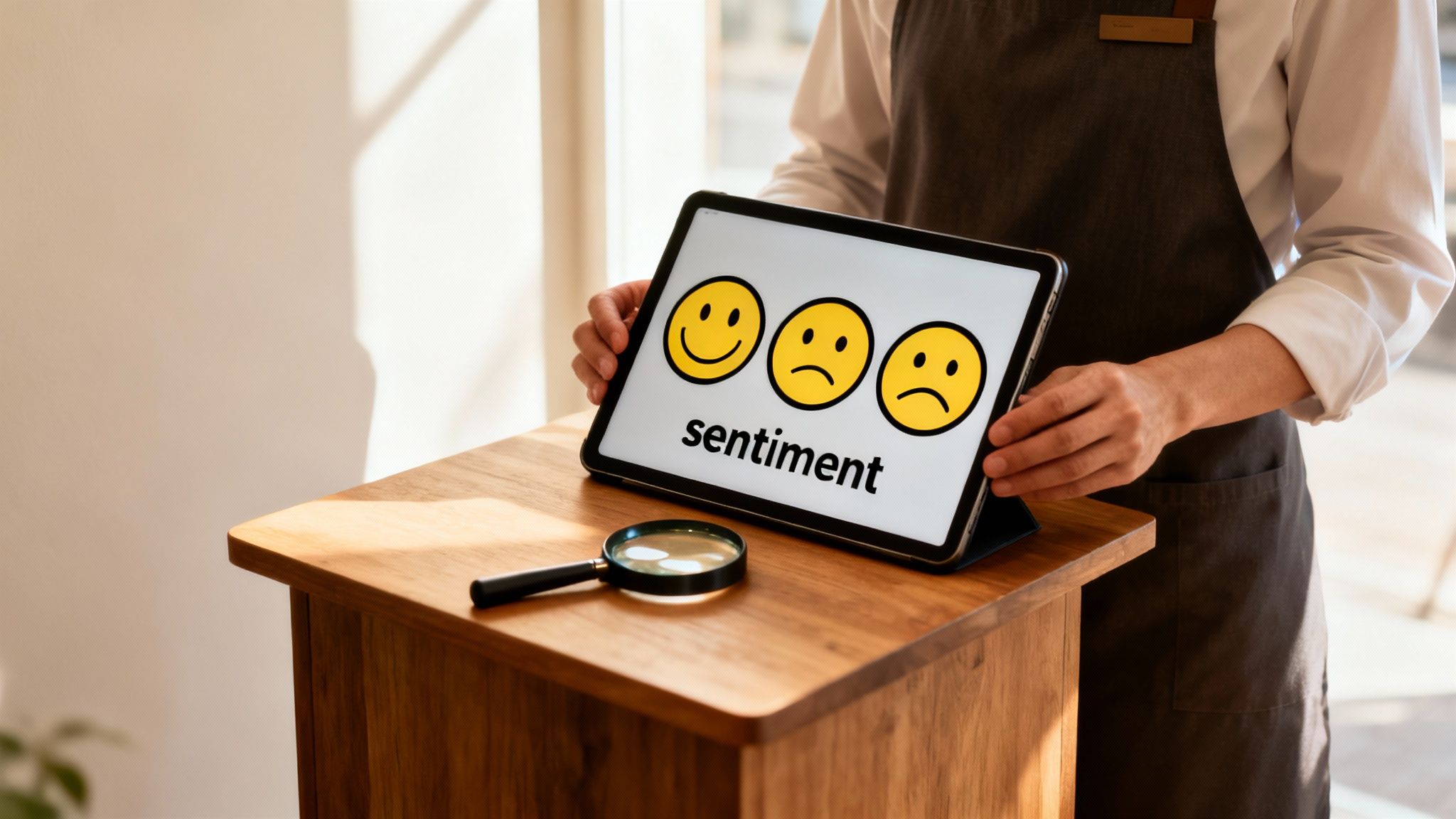 Close-up of a smartphone screen showing customer sentiment analysis icons and charts.