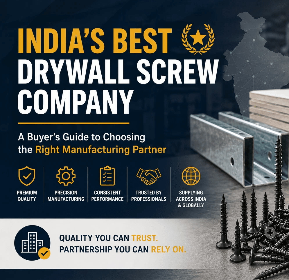 India's best drywall screw company thumbnail featuring premium drywall screws, gypsum boards, and metal framing for construction projects.