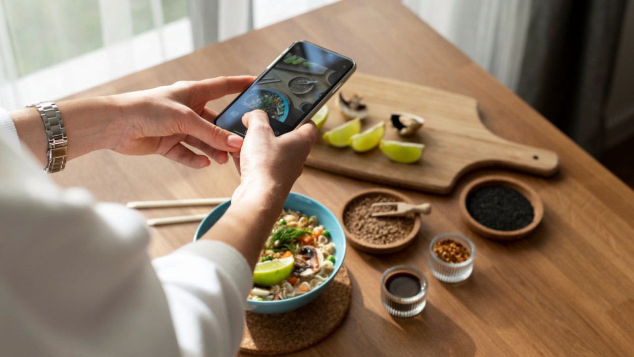 Woman taking photo of bowl of ramen and sliced lemon