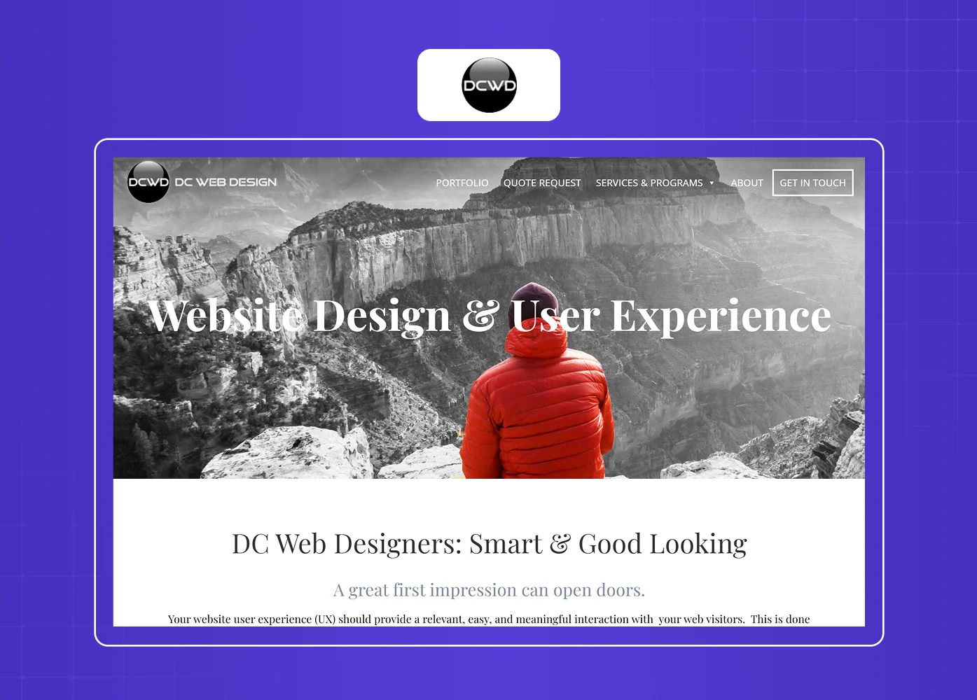 The DC Web Design homepage combines a striking hero image with messaging focused on website design, UX, and creating strong first impressions. 