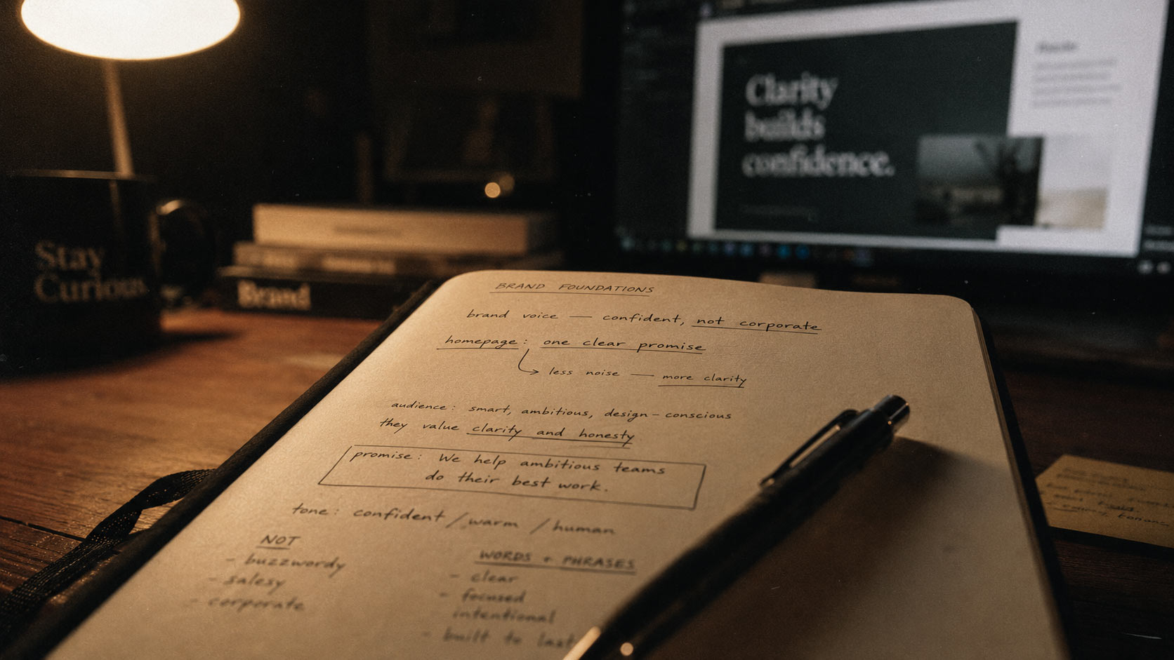Illustrative brand strategy notebook defining audience, voice and a clear promise