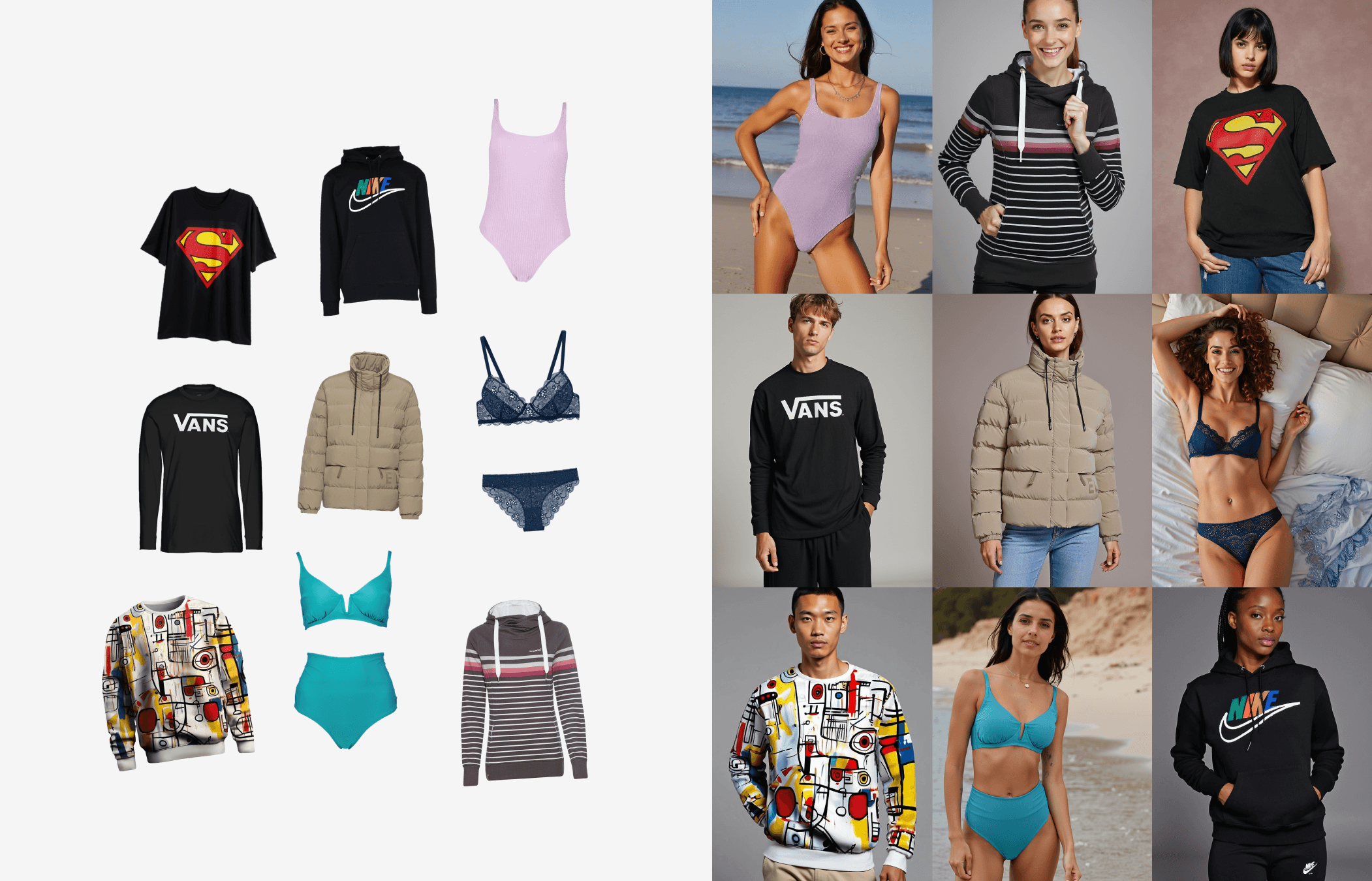 multiple clothing and their on-model generated visuals on uwear.ai