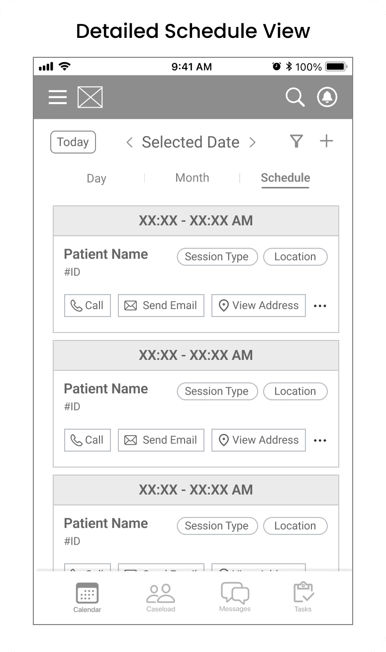 Mid fidelity wireframe of detailed schedule view