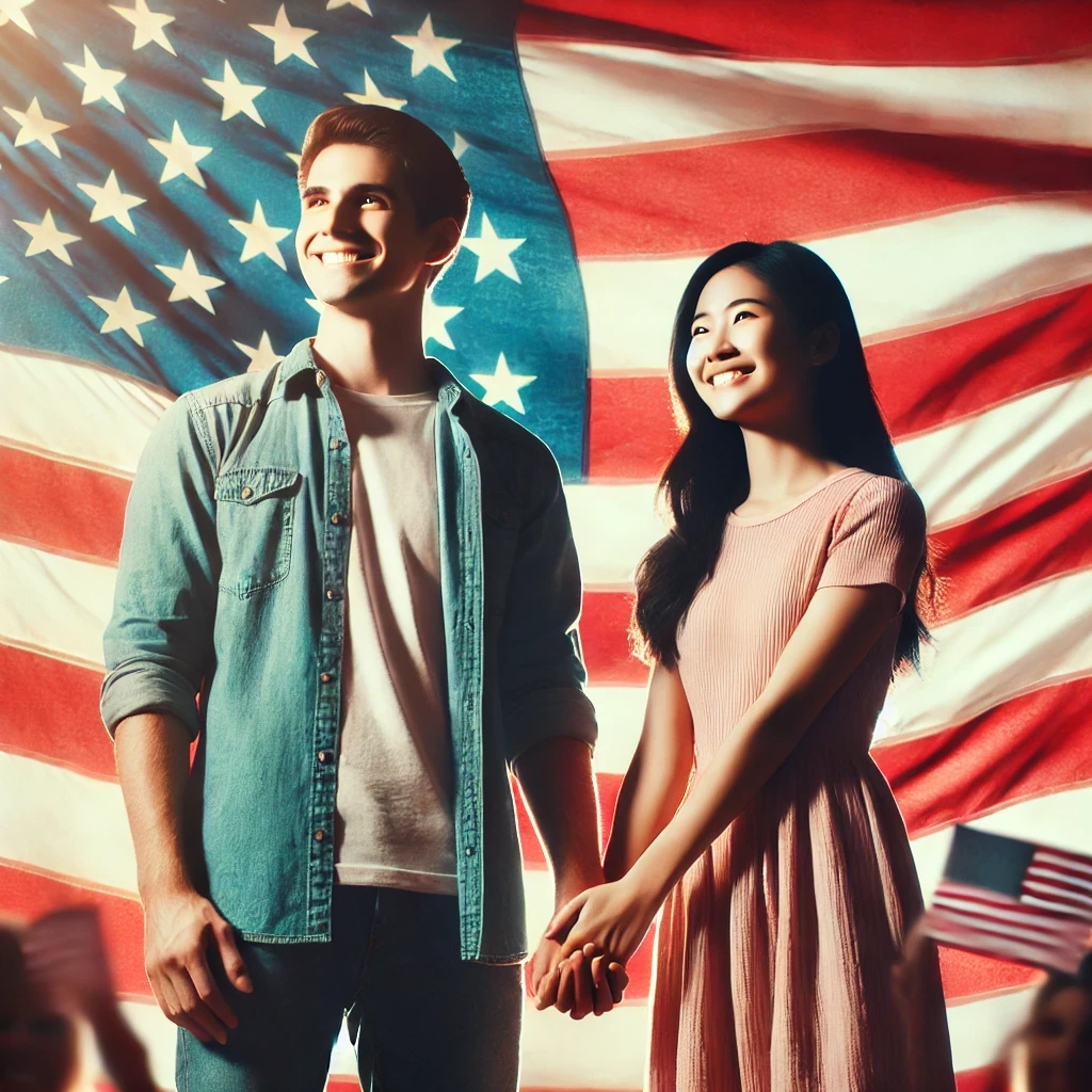A diverse couple holding hands, standing in front of a waving U.S. flag, symbolizing their journey to obtaining U.S. citizenship through marriage.