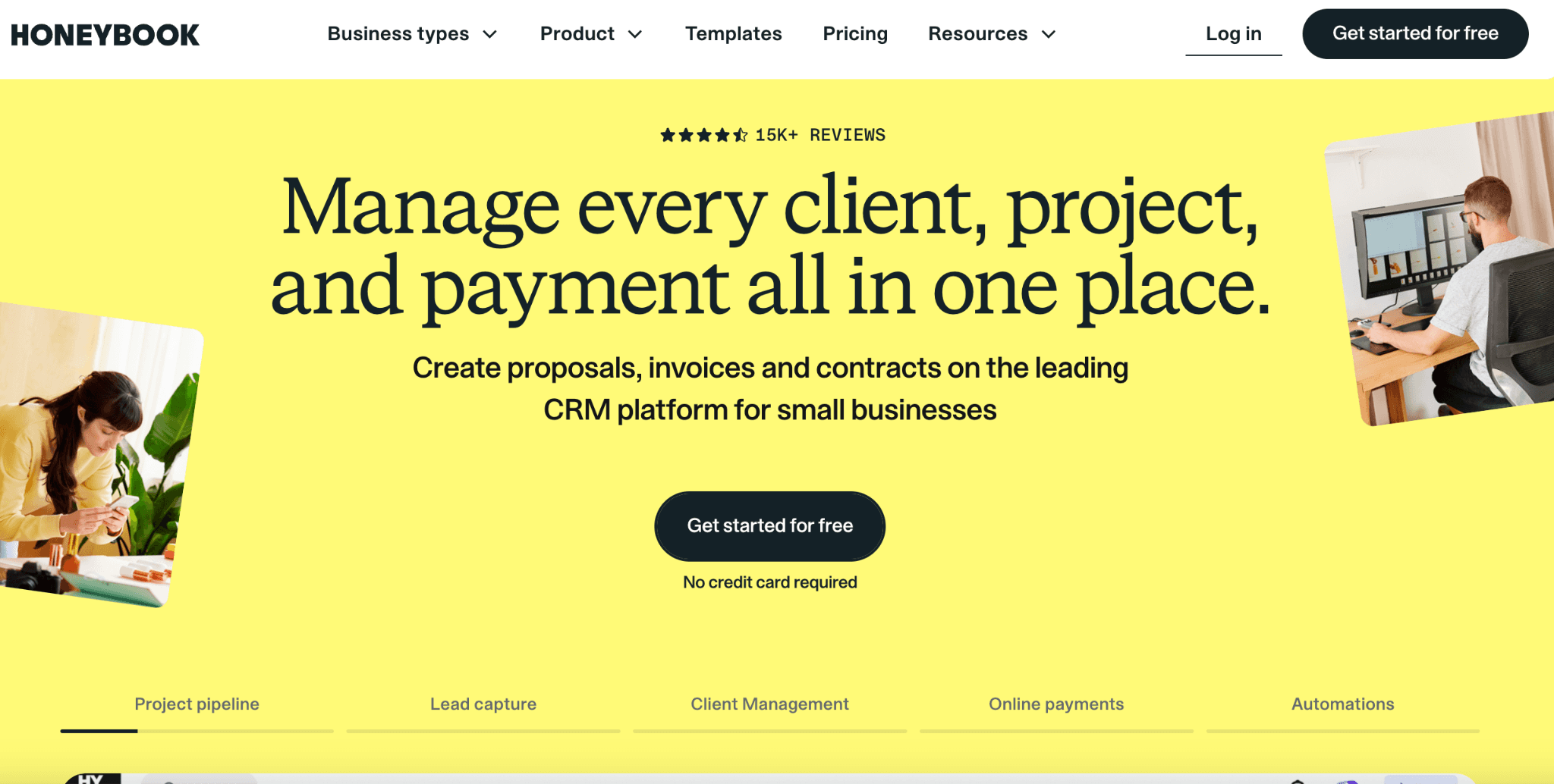Screenshot of HoneyBook's appointment scheduling software homepage 