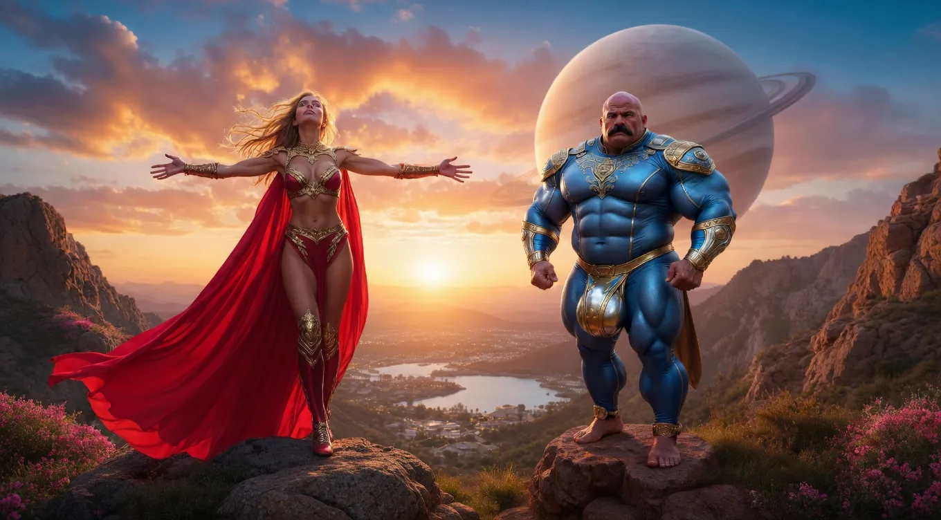 Rex Titan and Aurora caped duo on Saturn cliff, full armor