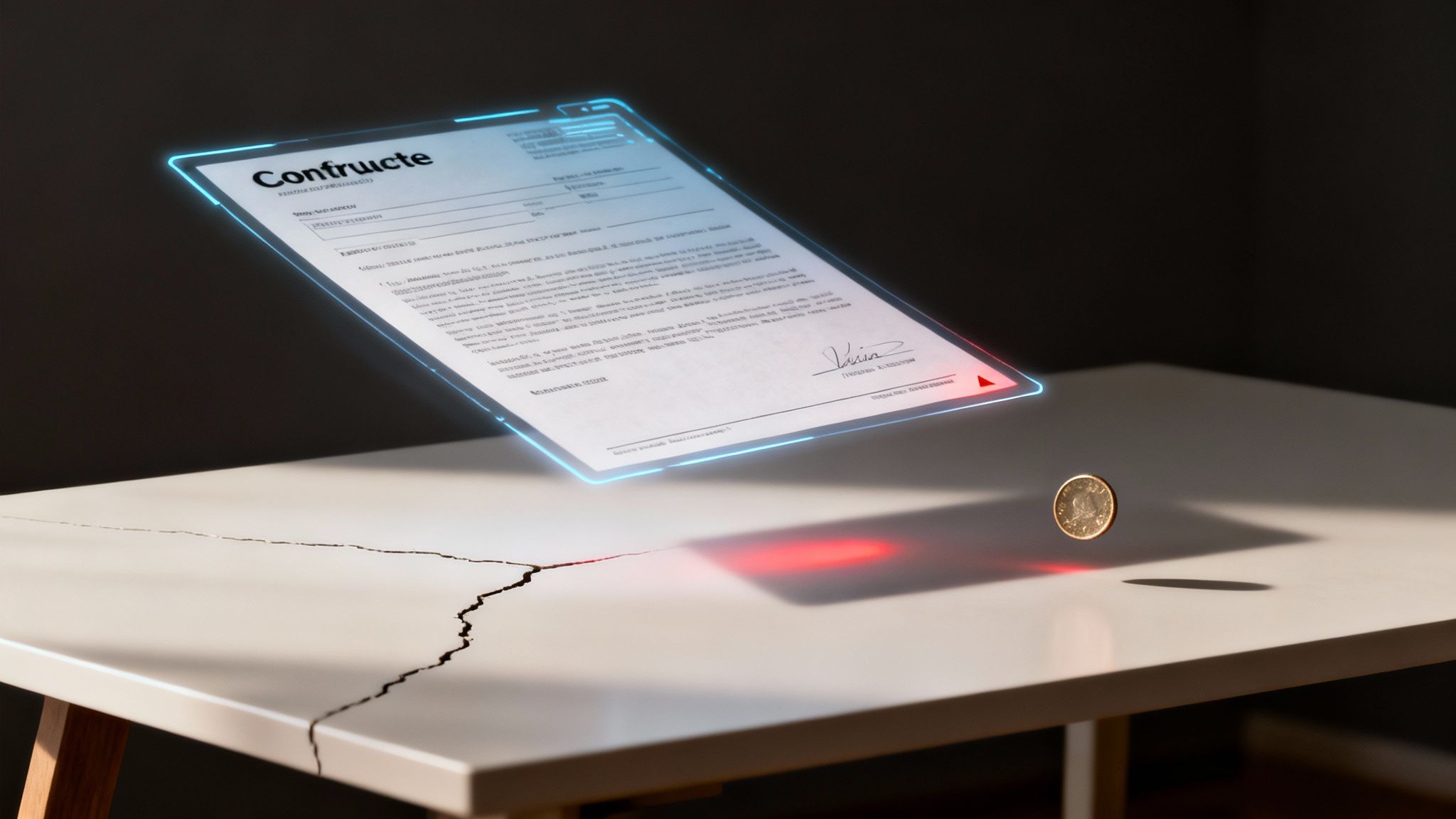 A futuristic glowing contract floats above a cracked table with a golden coin.