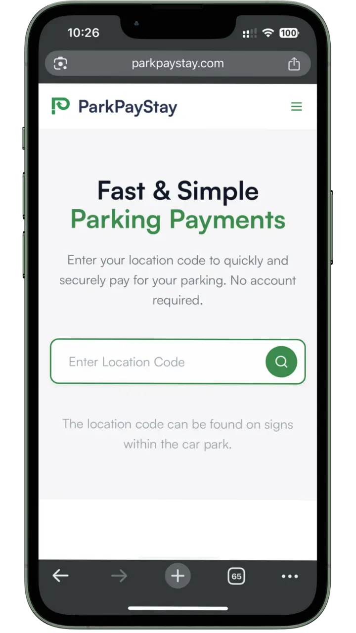 Parkpaystay parking payment solution app home page on a mobile phone mockup