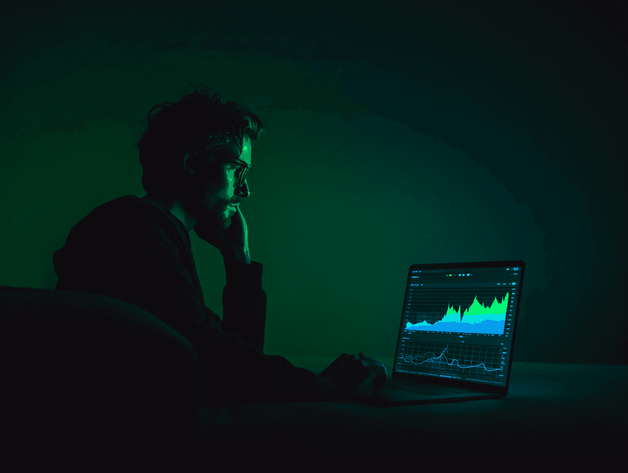 A man looking at his laptop focused and tracking