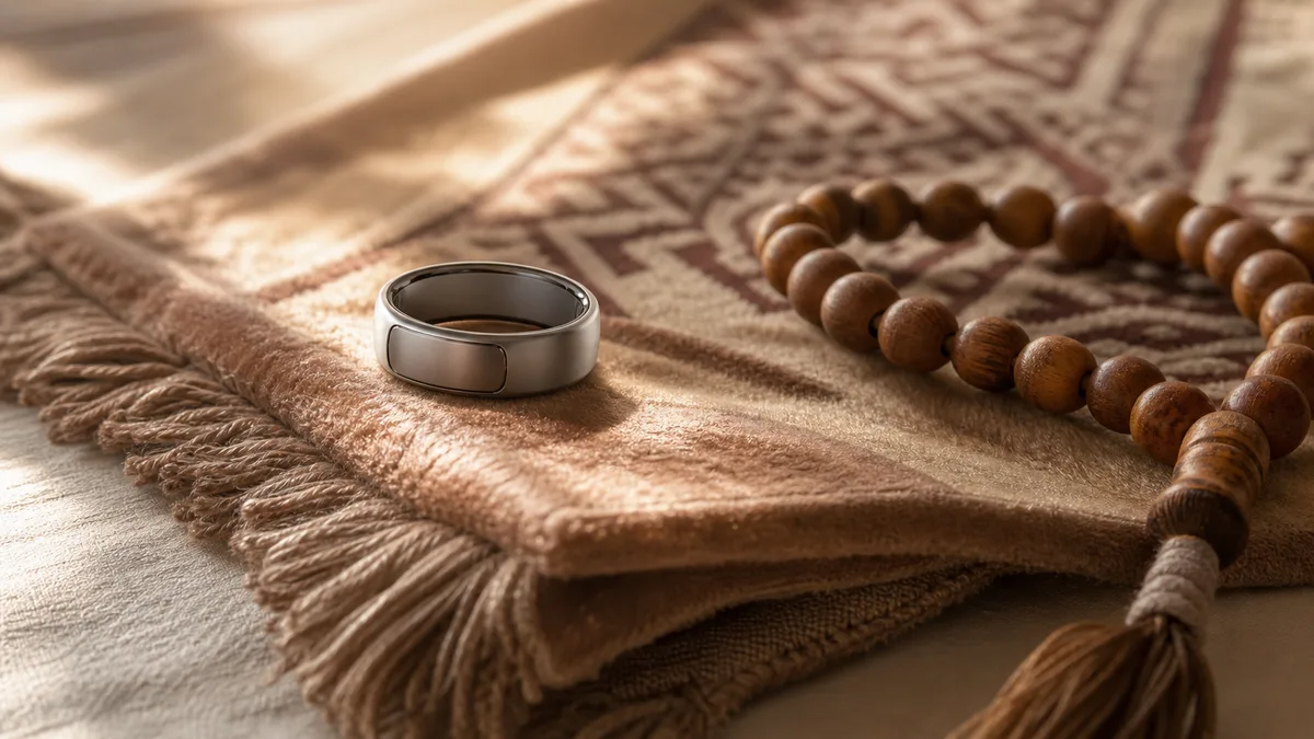 Silver smart tasbih ring on a folded prayer rug beside wooden tasbih beads