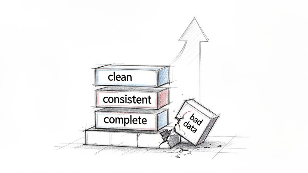 A hand-drawn illustration depicting blocks labeled 'clean', 'consistent', 'complete' leading to progress, while 'bad data' causes collapse.