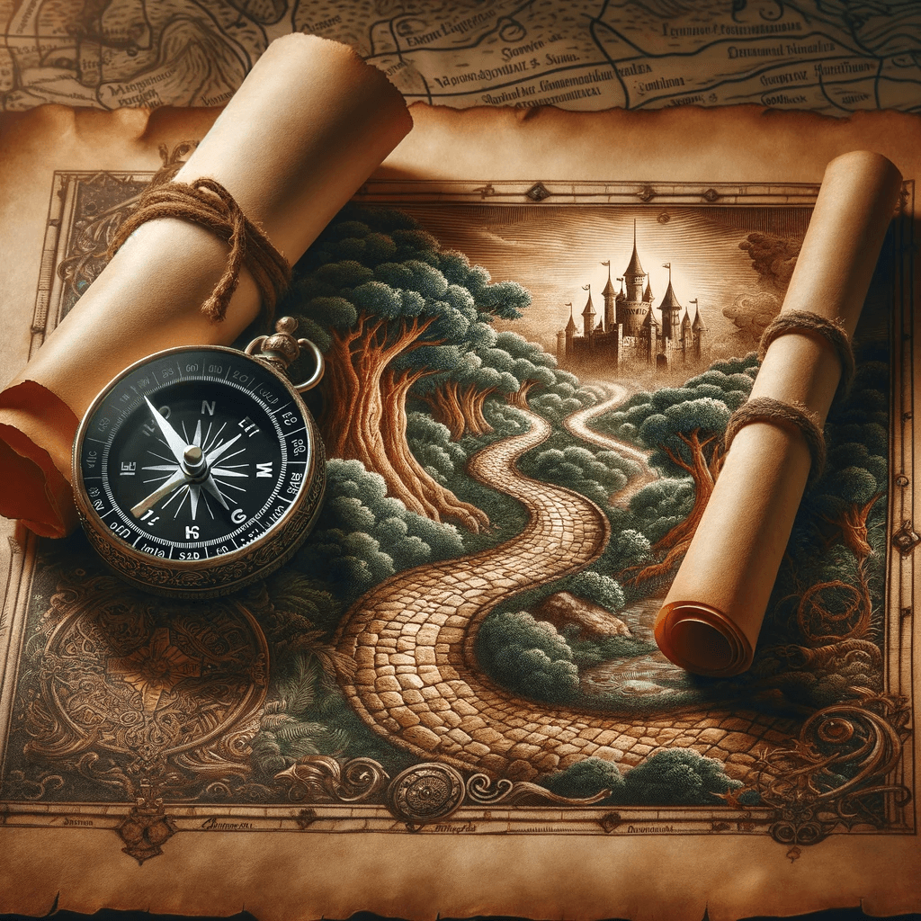 An old parchment scroll tied with a leather cord and a classic brass compass, both lying on an aged map with two highlighted routes, embodying the intricate journey and decisions involved in Adjustment of Status and Consular Processing for immigration.