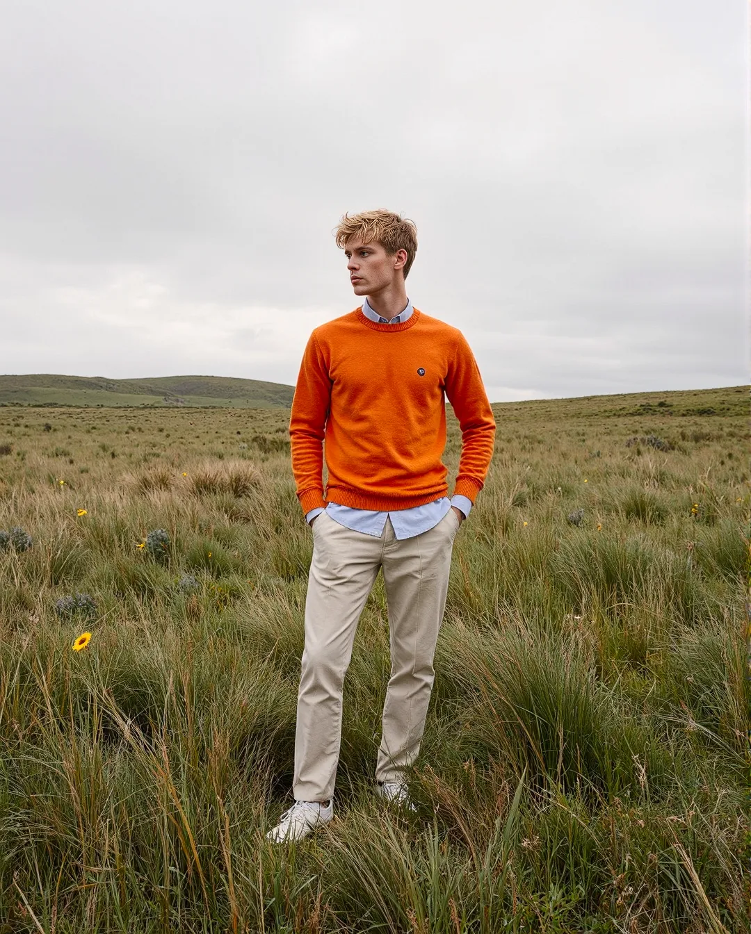 A bright orange sweater stands out dramatically against a misty moorland landscape, showcasing striking color contrast in outdoor styling.