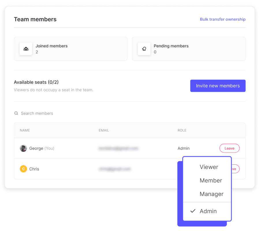 Interface for managing team roles and permissions in Useberry, enabling secure collaboration across design, research, and product teams.