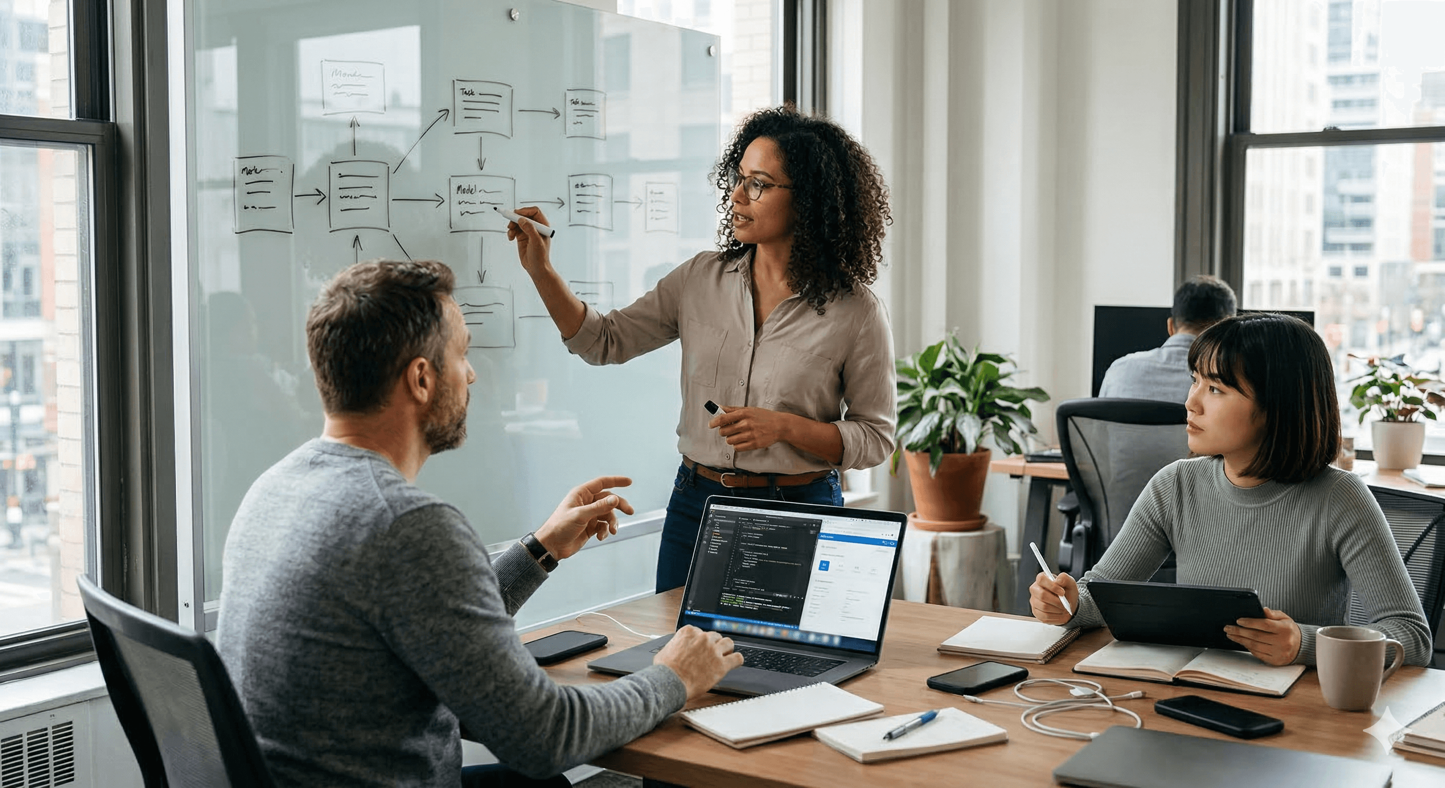 A diverse team collaborates in a modern office, with a woman presenting a flowchart on a whiteboard, while colleagues engage with laptops and tablets, illustrating efficient AI solutions like GPT-5.4 Mini and Nano.