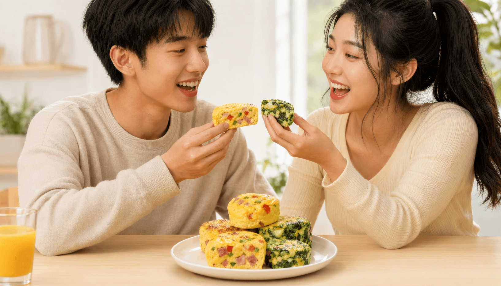 Two young adults enjoying high-protein egg bites for breakfast at home with orange juice