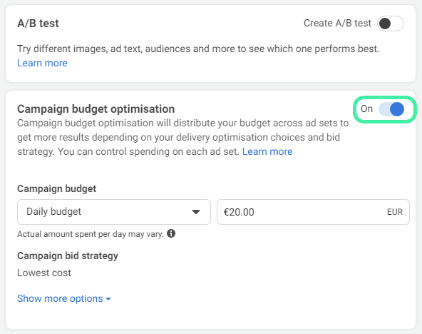 Turn on campaign budget optimisation